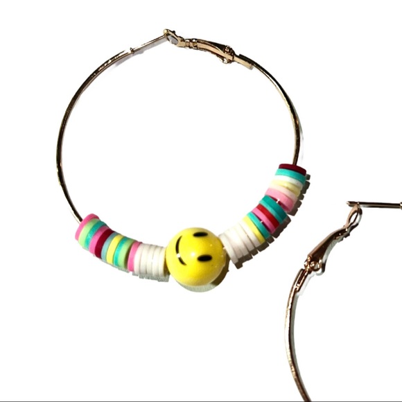 Oh Happy Day, Gold Hoop Smiley Face Colorful Beaded Earrings - Picture 11 of 11